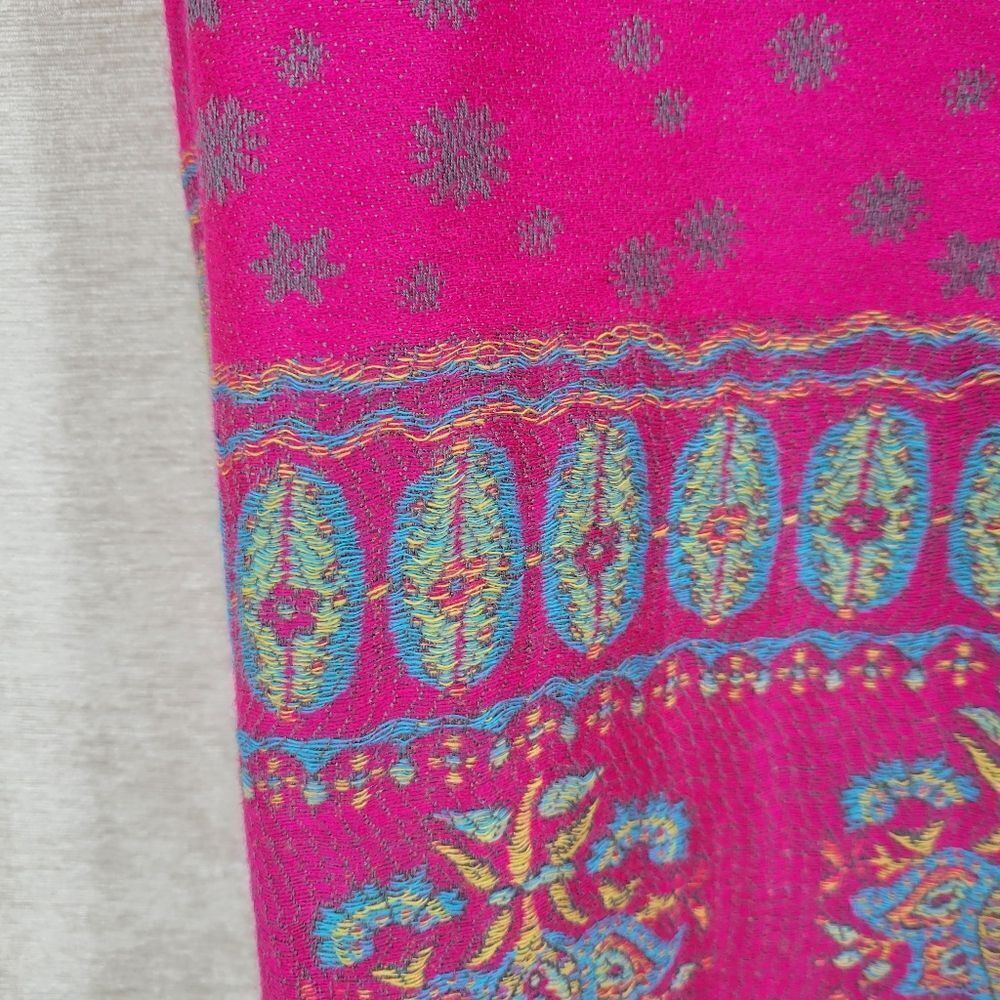 100% Cashmere Kani Shawl Scarf Vivid Pink Teal Blue with Fringe - Picture 10 of 12